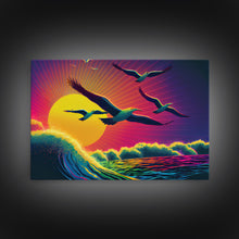 Carregar imagem no visualizador da galeria, Flock of Seagulls, art deco style sun, framed canvas print, synthwave retrowave animal art
