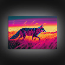 Load image into Gallery viewer, Cute fox in the tall grass, animal print, vaporwave framed canvas print, retrowave animal art
