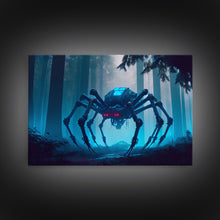 Load image into Gallery viewer, Cyborg Spider, Scifi Fantasy horror art, robot spider on the hunt, framed canvas print
