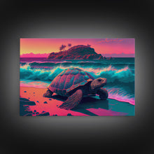 Load image into Gallery viewer, Sea turtle fighting the waves, framed canvas art, synthwave, vaporwave, animal prints
