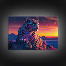 Load image into Gallery viewer, Portrait of a leopard at sunset, vaporwave art, framed canvas print, framed wall art, animal prints
