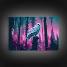 Load image into Gallery viewer, White owl in synthwave forest, vaporwave style animal print art, framed canvas print
