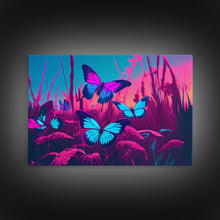 Load image into Gallery viewer, Beautiful butterfly art, vaporwave aesthetic pastel art, framed canvas print, synthwave art
