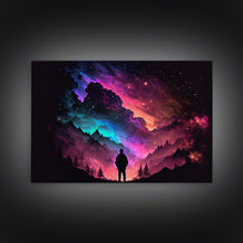 Cargar imagen en el visor de la galería, Contemplating the Universe, retro style space art, framed canvas print, synthwave space decor
