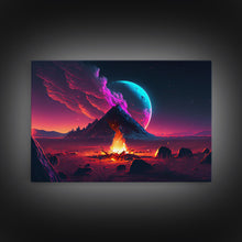 Load image into Gallery viewer, Campfire under a Full Moon, Framed canvas print, retro synthwave / outrun style primitive home decor
