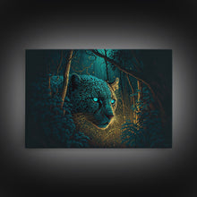 Load image into Gallery viewer, Blue Eyed Black Panther, framed canvas print, unique wall art, wildlife canvas art, living room wall art
