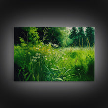 Load image into Gallery viewer, Beautiful field of wildflowers, Emerald green watercolor, framed canvas print, living room wall decor
