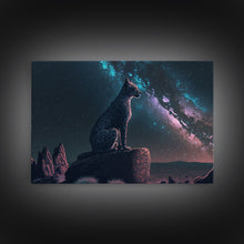 Load image into Gallery viewer, Cheetah overlooking the valley, synthwave retro style animal prints, framed canvas print, framed wall art, starry Africa night sky
