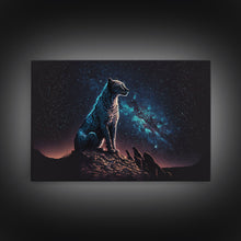 Load image into Gallery viewer, Cheetah Print, Synthwave Animal Prints, Cheetah and a starry night sky, framed canvas print, cute animal art
