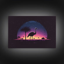 Load image into Gallery viewer, Emu Art | Framed Canvas Print | Synthwave Style Framed Wall Art | Animal Prints | Emu Walks Under A Full Moon | Kid&#39;s Room Decor
