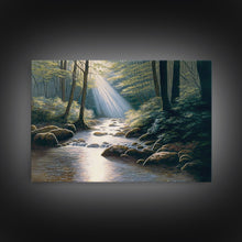 Cargar imagen en el visor de la galería, Colorful Watercolor Art, Framed Canvas Print, unique wall art, framed wall art, Landscape watercolor, Beams of Sunlight piercing the canopy
