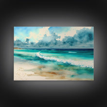 Load image into Gallery viewer, framed emerald green ocean art, beach wall art, framed wall art, living room wall decor, abstract landscape art, framed canvas print
