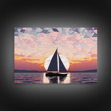 Load image into Gallery viewer, Sailing Under a Stained Glass Sky, Framed Canvas Print, Canvas Art, Nautical Art Deco Style Sunset Art
