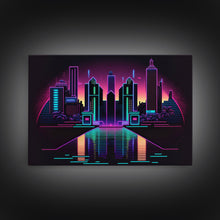 Cargar imagen en el visor de la galería, Retro Style Synthwave Wireframe City, Outrun Style, Framed Canvas Print, 80s Vibes Art
