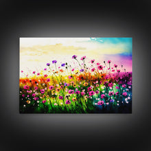 Load image into Gallery viewer, Field Of Rainbow Colored Wild Flowers, Watercolor, Framed Canvas Print, Original Art, Large Format Art, huge living room art
