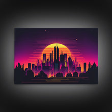 Load image into Gallery viewer, Outrun Style Futuristic Cyberpunk City Skyline at Sunset, Concept art, framed canvas print, dystopian art

