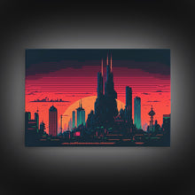 Load image into Gallery viewer, Outrun Style Pixel Art Futuristic Cyberpunk City Skyline at Sunset, Concept art, framed canvas print, dystopian art
