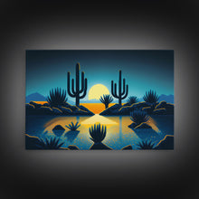 Load image into Gallery viewer, Retro Art Deco Style Pueblo Desert Art, Cactus Desert Landscape under a Full Moon, Framed Canvas Print, Cute Western Decor
