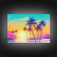 Load image into Gallery viewer, Colorful sunset Wall art, Framed Canvas Print, Synthwave Style, Guest room art, Pop Art Style, Watercolors, Beautiful art, Tropical Art
