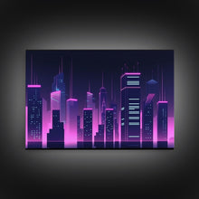 Cargar imagen en el visor de la galería, Big City Wall Art | Framed Canvas Print | Living room art | Office decor | Buildings | Outrun Style | Landscape | Night | Pop Art | City
