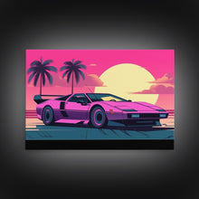 Cargar imagen en el visor de la galería, Classic sport car Wall Art, Framed Canvas Print, Guest room art, Beautiful sunset, Synthwave Style, Pink Colors, Pop Art Style, Tropical art
