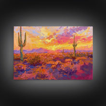 Load image into Gallery viewer, Desert Cactus Sunset Painting Framed Canvas Print, Western Decor, Southwest Wall Art, Arizona Painting, Landscape Painting, Farmhouse Decor

