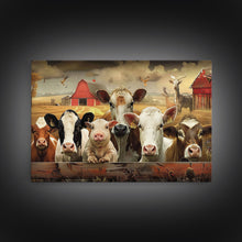 Carregar imagem no visualizador da galeria, Farm Animals On The Fence, Framed Canvas Print, Cute Animal Decor, Bathroom Wall Art, Illustration, Home Decor
