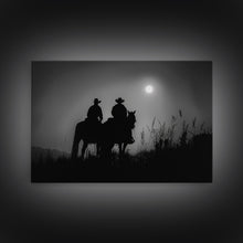 Load image into Gallery viewer, Cowboys Under A Full Moon, Framed Canvas Print, Black and White Western Photography, Wild West Art, Western Decor, Farmhouse Country Art
