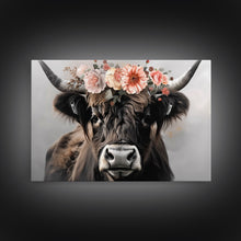 Load image into Gallery viewer, Framed Canvas Wall Art, Cute Cow Wearing Flowers, Farmhouse Decor, Farmhouse Wall At, Extra Large Boho Decor, Modern Art, Minimalist Rustic
