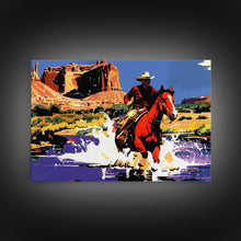 Load image into Gallery viewer, Crossing The Colorado River, Framed Canvas Print, Kitsch Western Wall Art, Colorful Western Painting Original Artwork, Pop Art Painting
