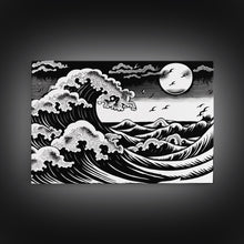 Carregar imagem no visualizador da galeria, Black and White Wave Canvas Print, Hokusai Inspired Wall Art, Woodblock Print Style, Wall Art, Vintage Style Wall Art
