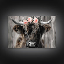 Load image into Gallery viewer, Framed Canvas Wall Art, Cute Highland Cow Print, Modern Wall Art Farmhouse Decor, Fun Rustic Farmhouse Art, Life On The Farm, Cow and Flower
