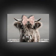 Carregar imagem no visualizador da galeria, Framed Canvas Print, Cute Highland Cow Wearing A Pink Bowtie, Framed Wall Decor, Rustic Minimalist Farmhouse Decor, Western Art
