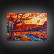 Load image into Gallery viewer, Midcentury Modern Pop Art Desert Landscape Painting Canvas Print, Framed Wall Art, Southwestern Decor, Home Decor Wall Art, Country Decor
