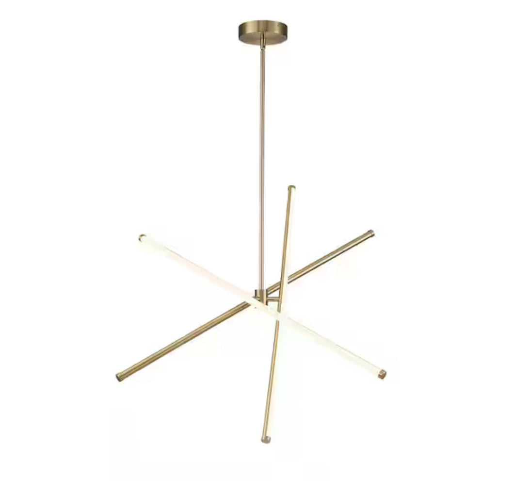 HUOKU 40-Watt 3-Light Dimmable Integrated LED Aged Brass Sputnik, Tubed Linear, Cylinder Chandelier for Dining Room