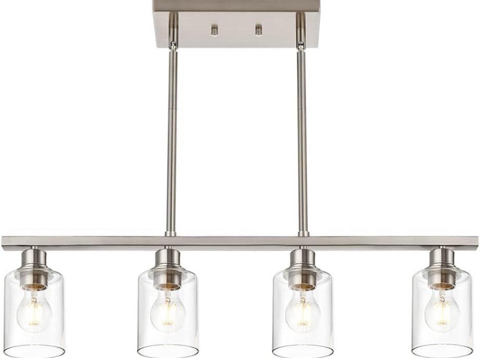 VINLUZ 4 Light Kitchen Island Hanging Lights Industrial Brushed Nickel Dining Room Light Fixture with Clear Glass Shade Farmhouse Chandelier for Livin