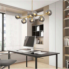 Load image into Gallery viewer, KCO Lighting Mid Century Modern Globe Sputnik Chandelier Gold Brass Pendant Hanging Light Fixture with Smoke Grey Glass Globe 7-Light Pendant Lighting for Kitchen Island Dining Living Room

