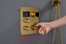 Carregar imagem no visualizador da galeria, 12-inch Or 16-inch Or 6&#39;&#39; Wall-Mount Brushed Gold 3-Way Thermostatic Shower Valve System: Versatile Functionality and Stunning Design

