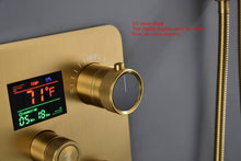 Carregar imagem no visualizador da galeria, 12-Inch Brushed Gold Flush Mount Shower Faucet Set: 3-Way Thermostatic Control, 64-Color LED Lights, Bluetooth Music, and Regular Head
