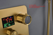 Carregar imagem no visualizador da galeria, 12-inch Or 16-inch Or 6&#39;&#39; Wall-Mount Brushed Gold 3-Way Thermostatic Shower Valve System: Versatile Functionality and Stunning Design
