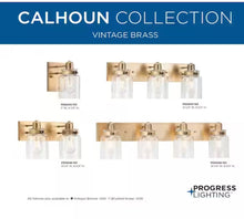 Load image into Gallery viewer, Progress Lighting Calhoun Collection 30-1/4 in. 4-Light Gold Vintage Brass Clear Glass Farmhouse Urban Industrial Bathroom Vanity Light
