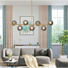 Load image into Gallery viewer, KCO Lighting Mid Century Modern Globe Sputnik Chandelier Gold Brass Pendant Hanging Light Fixture with Smoke Grey Glass Globe 7-Light Pendant Lighting for Kitchen Island Dining Living Room

