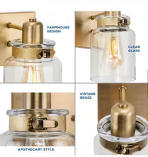 Load image into Gallery viewer, Progress Lighting Calhoun Collection 30-1/4 in. 4-Light Gold Vintage Brass Clear Glass Farmhouse Urban Industrial Bathroom Vanity Light
