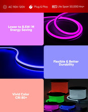 Cargar imagen en el visor de la galería, Bright &amp; Colorful 110V RGB LED Neon Rope Light - 8.5W/M, RGB, Flexible, Long-Lasting, ETL-Standard
