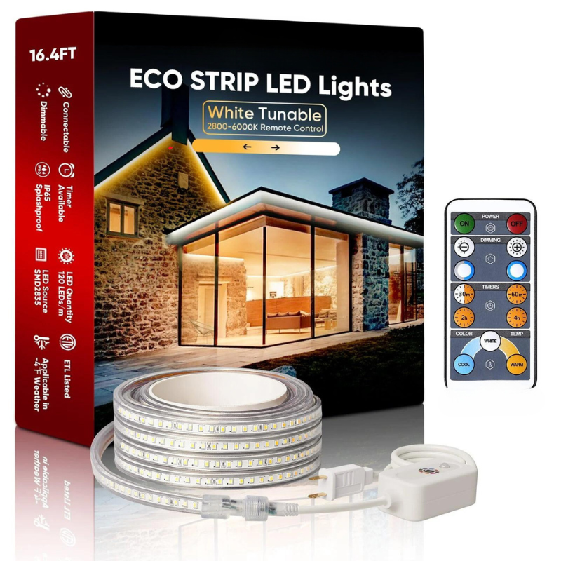 110V Dimmable CCT Tunable White LED Strip Light - Eco Strip - 2800K-6000K - 203 Lumens - Indoor/Outdoor