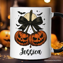 Carregar imagem no visualizador da galeria, Pumpkin Cherries Coquette Bow Personalized Mug, Retro Halloween Gift with Custom Name
