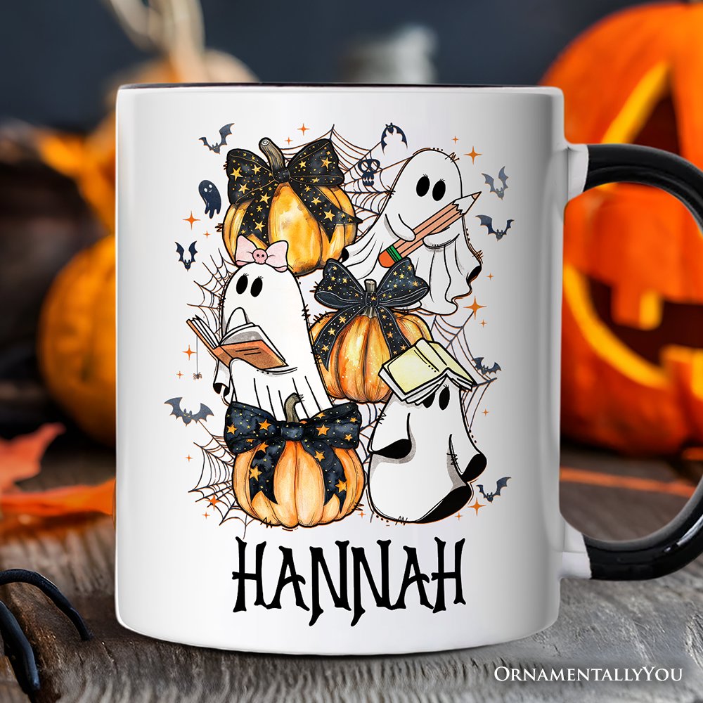 Cute Ghost Teacher Halloween Personalized Mug, Retro Boo Spooky School Gift with Custom Name