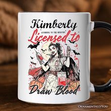 Carregar imagem no visualizador da galeria, Licensed to Draw Blood Halloween Nurse Personalized Mug, Groovy Gift with Custom Name for Spooky Season

