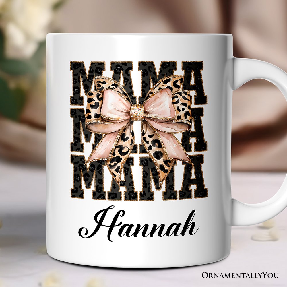 Glitter Leopard Mama Personalized Mug, Coquette Bow Glam Gift with Custom Name