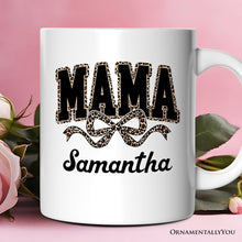 Load image into Gallery viewer, Coquette Leopard Mama Personalized Mug, Retro Bow Varsity Gift with Custom Name
